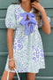 Contrast Bow Tie Front Leopard Print Puff Sleeve Babydoll Mini Dress